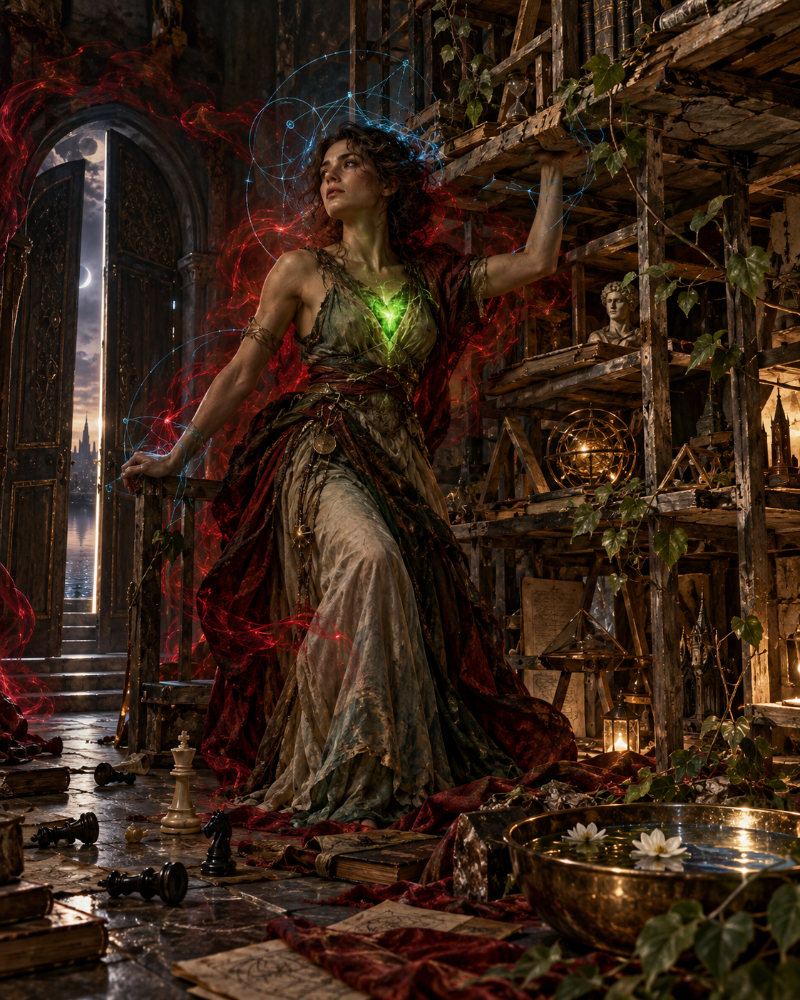The Weight of Coherence — a symbolic person holding an unfinished structure amid green, red and blue light.