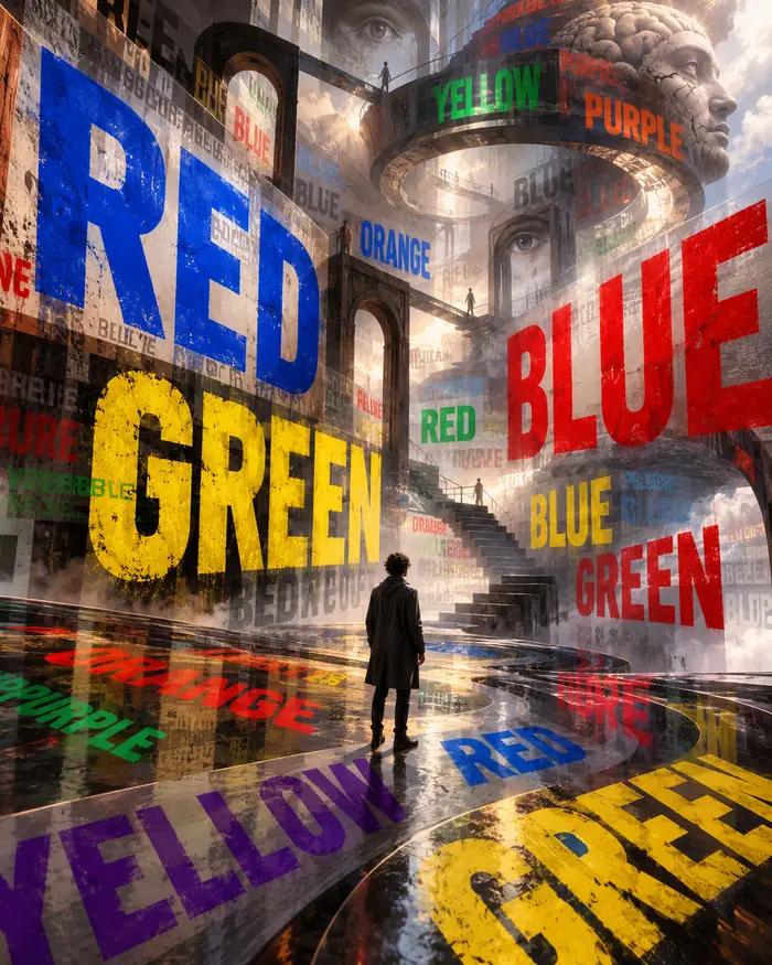 Surreal Stroop Effect artwork filled with colour words whose written meanings and displayed colours compete.